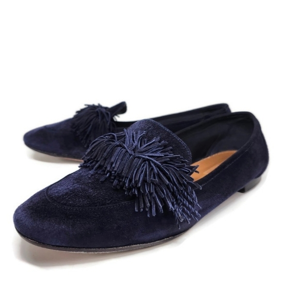 Aquazzura Shoes - Aquazzura Wild Navy Blue Italian Suede Fringe Top Accent Almond-Toe Ballet Flats